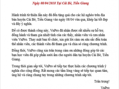 Thư Cám Ơn - Chương Trình Từ Thiện 