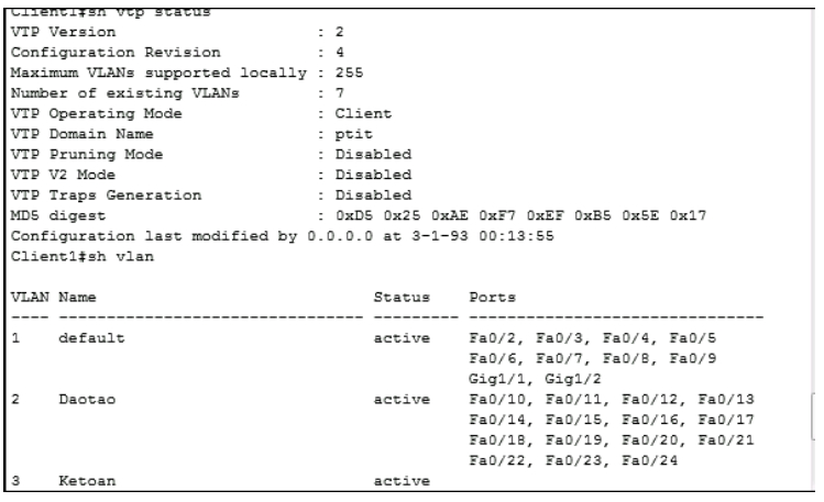 Ket qua tren Switch Client1 sau khi cau hinh VLAN va VTP