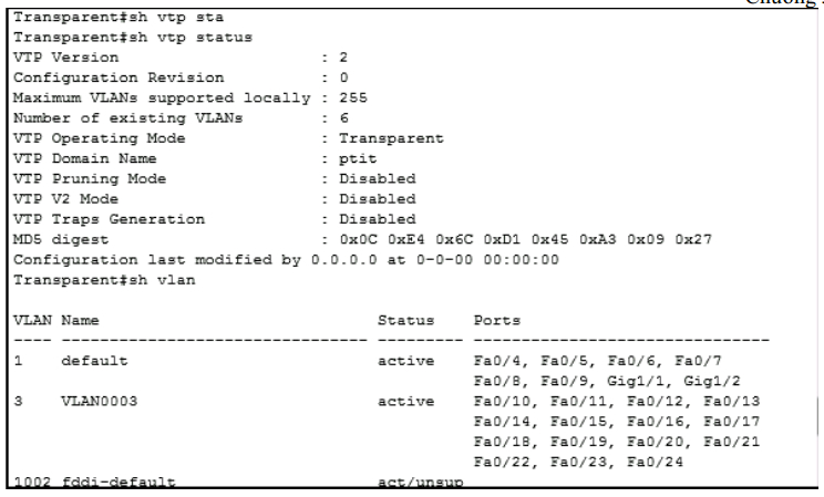 Ket qua tren Switch Transparent sau khi cau hinh VLAN va VTP